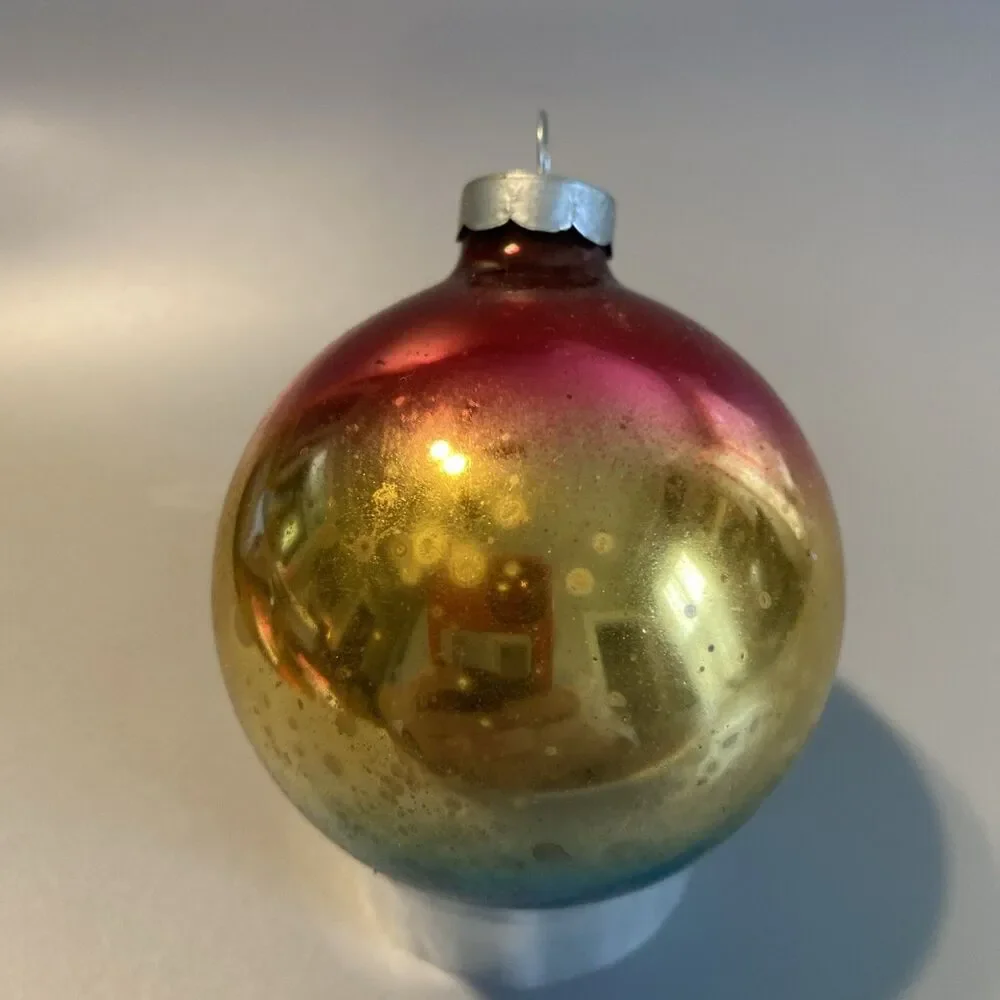 Vintage Christmas Ombre Glass Ornament Hand Made In USA Blue Red Gold Fade